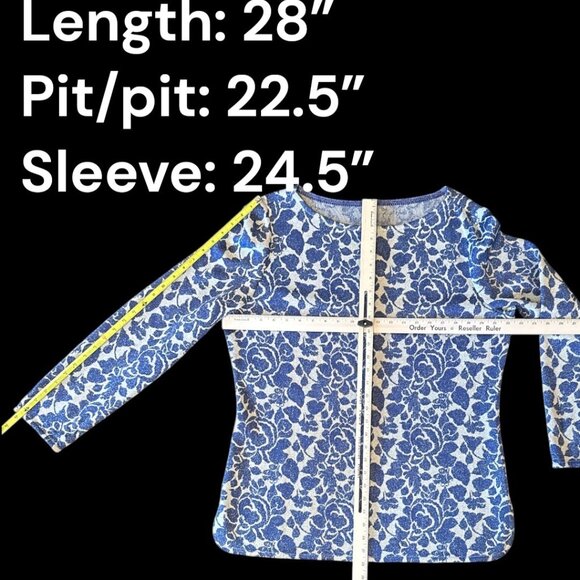 ST. JOHN Blue Floral Knit Metallic Shimmer Top With Long Sleeves Size 14 - Picture 6 of 9